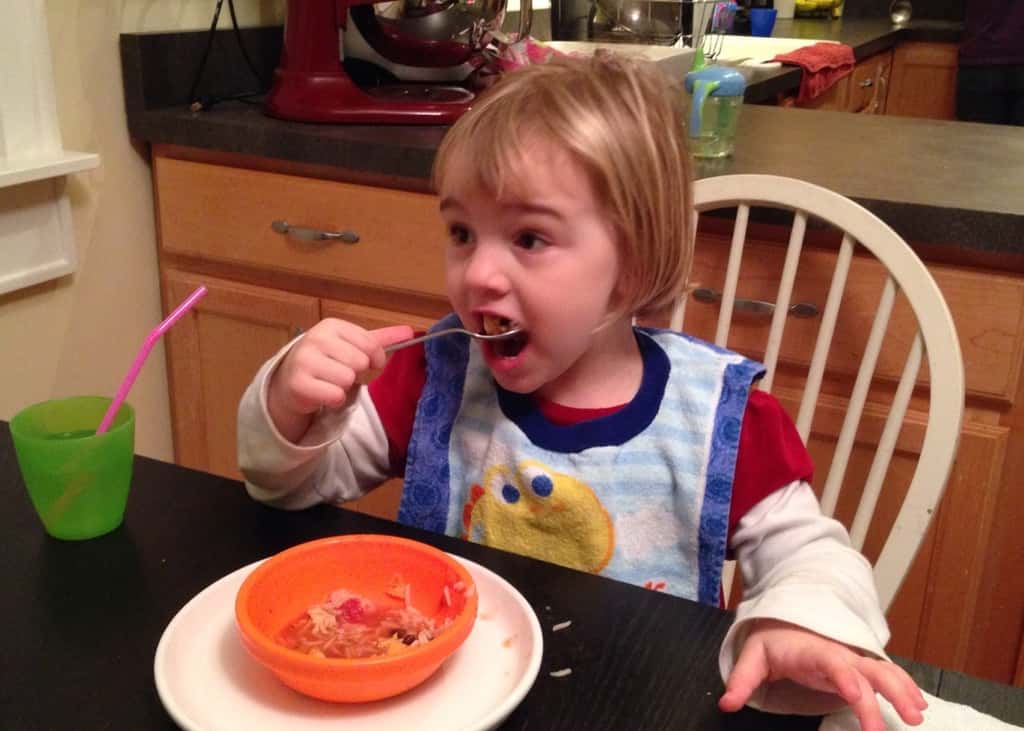 My first attempt to replicate Grandma Sue Moose’s famous “chip soup” was a success! For the first time ever at our house, Abby entirely fed herself, stayed in her chair the whole time, and completely devoured every last bite of her dinner. Fortunately, we have leftovers for tomorrow!