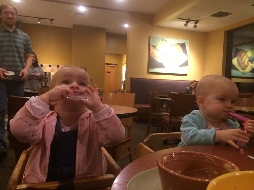 Since Abby got to visit the Festival of Lights and sleep over at Grandma and Grandpa’s house, we decided to use the gift card Tim gave us to Panera. The babies loved the experience. We greatly enjoyed a meal prepared by someone else. Most importantly, we could imagine taking all three girls out to dinner sometime soon. That may sound like something minor, but we haven’t been brave enough to try it yet!