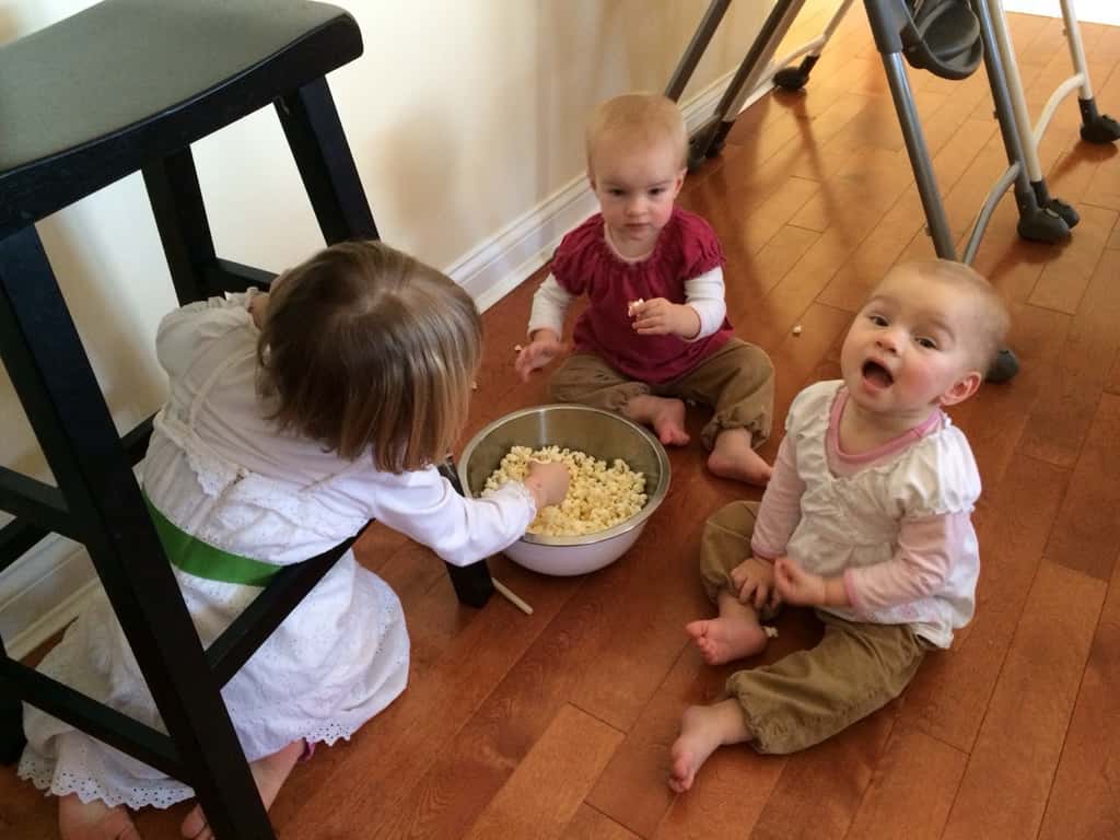 What a day! We had lots of fun today, but it was also highly unusual. The babes decided to sleep in until eight this morning and so were not interested in taking their morning nap. I tried to get all three girls to take an afternoon nap after lunch, but Abby would not fall asleep. After lots of “Mama, can I get up,” I gave up and took her outside to play in the snow while Gwen and Josie snoozed. We came in when they woke up, made some popcorn, and enjoyed an afternoon of dancing. It was a fun day, but tiring. I’m not ready to lose my afternoon nap!