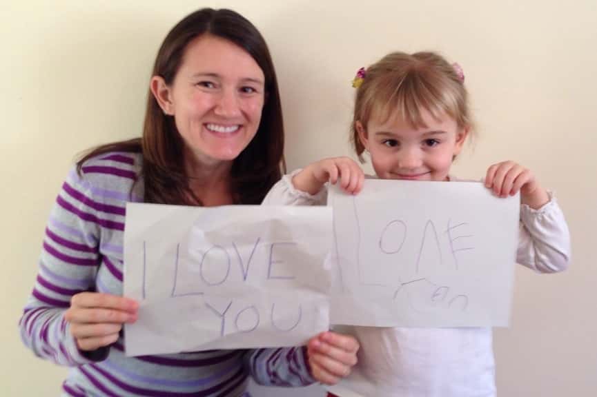 Our Abby Girl is suddenly very interested in learning to write letters. Well, actually she’s very interested in writing “I love you” signs, “like the kids in the Taylor Swift video.” Progress is progress. Right?