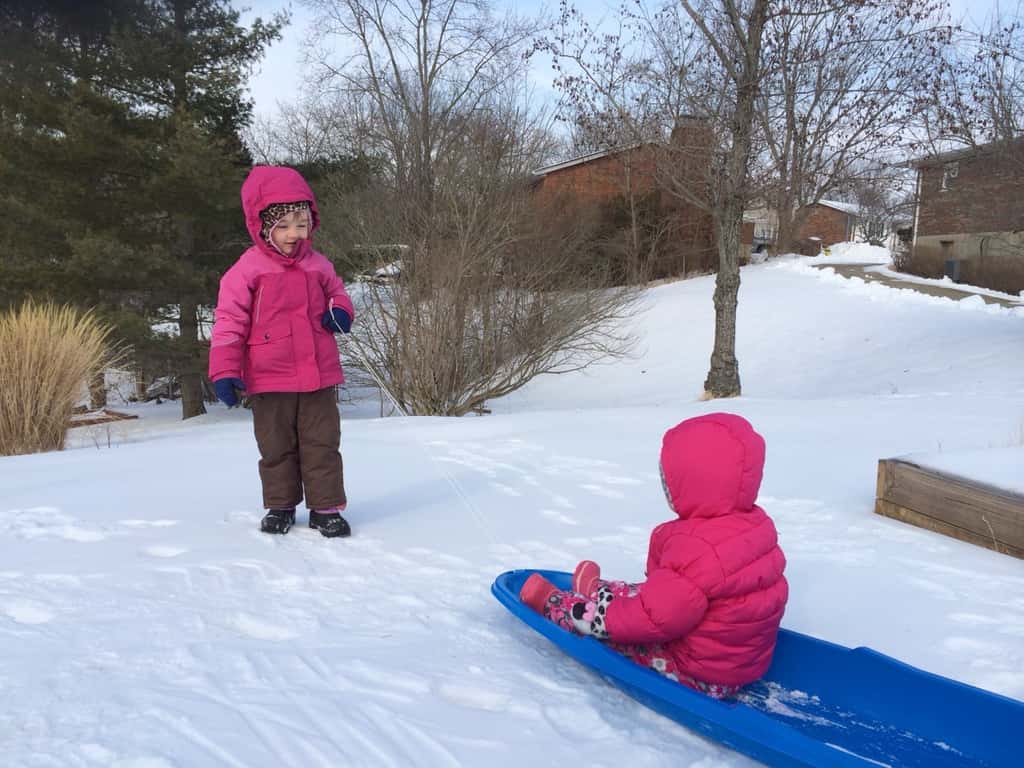 While Gwen took a long nap this morning, Josie enjoyed her first time frolicking in the snow with her big sister.