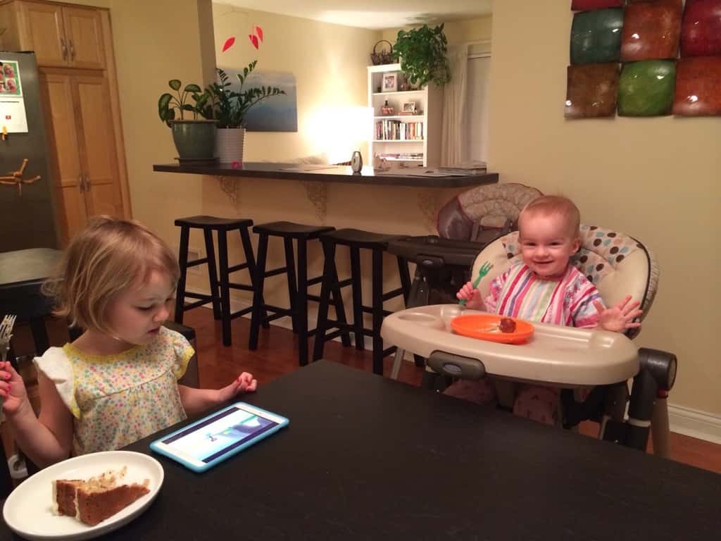 After being awake for a few minutes this morning Abby asked: “Mom, can I have a little snack?” Sure, I replied. What would you like? “Cake!” Josie liked that idea too. It’s a good thing hummingbird cake is pretty healthy.