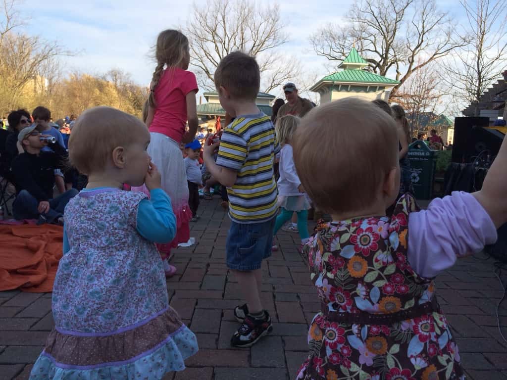 We had a blast at Tunes and Blooms this evening! We first enjoyed a picnic dinner and lots of exploring by the reptile house. When the music started, we cut through the crowd to join the other youngsters in the “mosh pit.” Our girls loved dancing, and were surprisingly not shy around all the strangers.