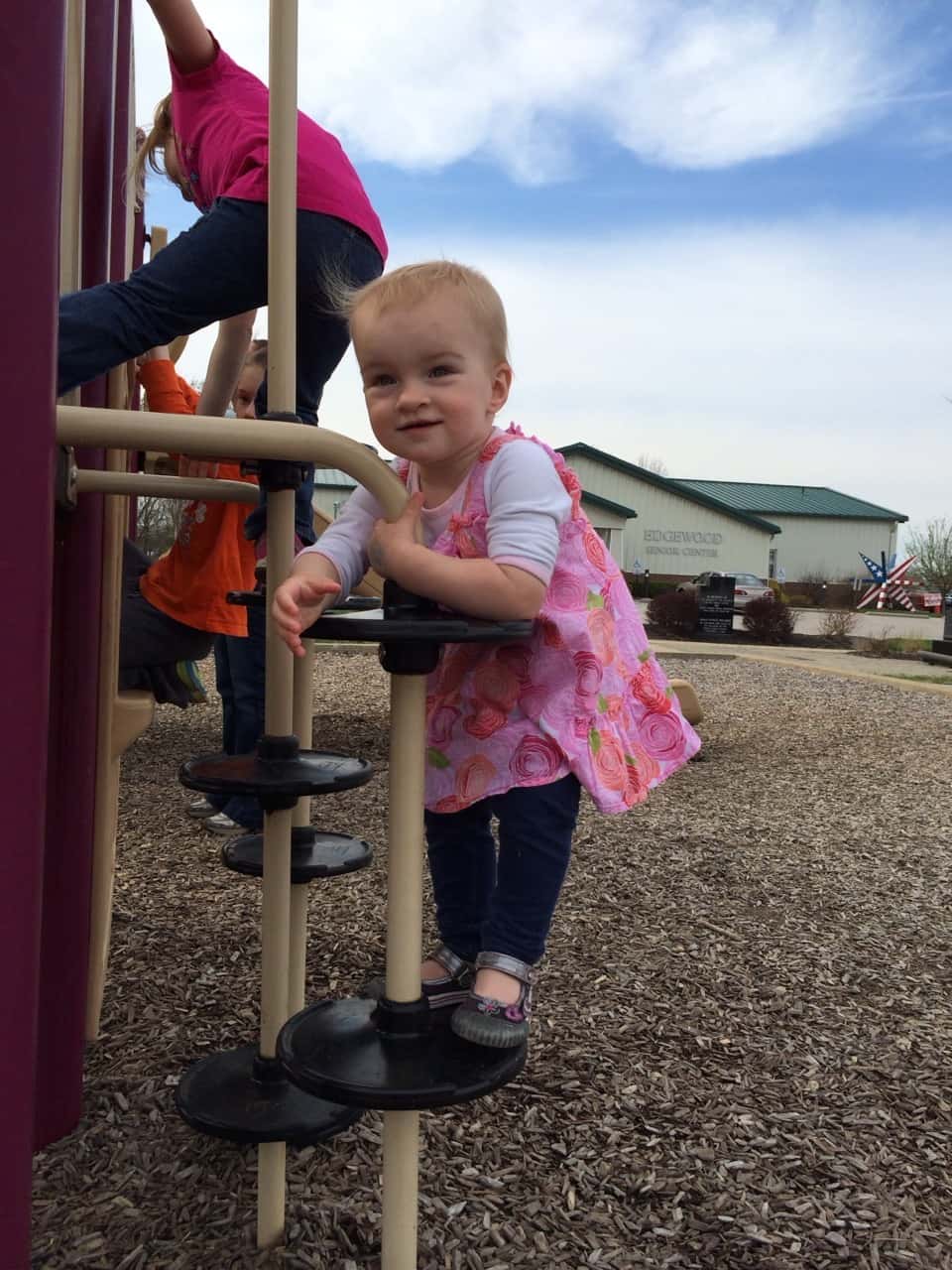 The girls and I took a walk to the park this afternoon. It was a good thing that John met us there with the van after work because they wore themselves out! I’m amazed by how far they can walk (all the way around the ½ mile path at Freedom Park) and how fearless they are on the play structures.