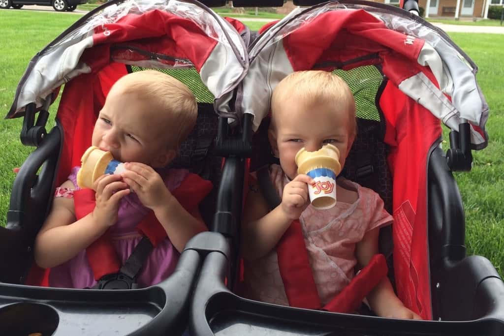 Ah, what a good day today turned out to be! I mostly wrote the day off this morning since I knew Gwen and Josie would get their eighteen month shots today, but, apparently, they’re troopers! After their afternoon naps, we took a nice long walk to get ice cream. Then after dinner, my helpers assisted me with turning over the garden bed while Papa mowed the grass. They even had a good time on the swings.