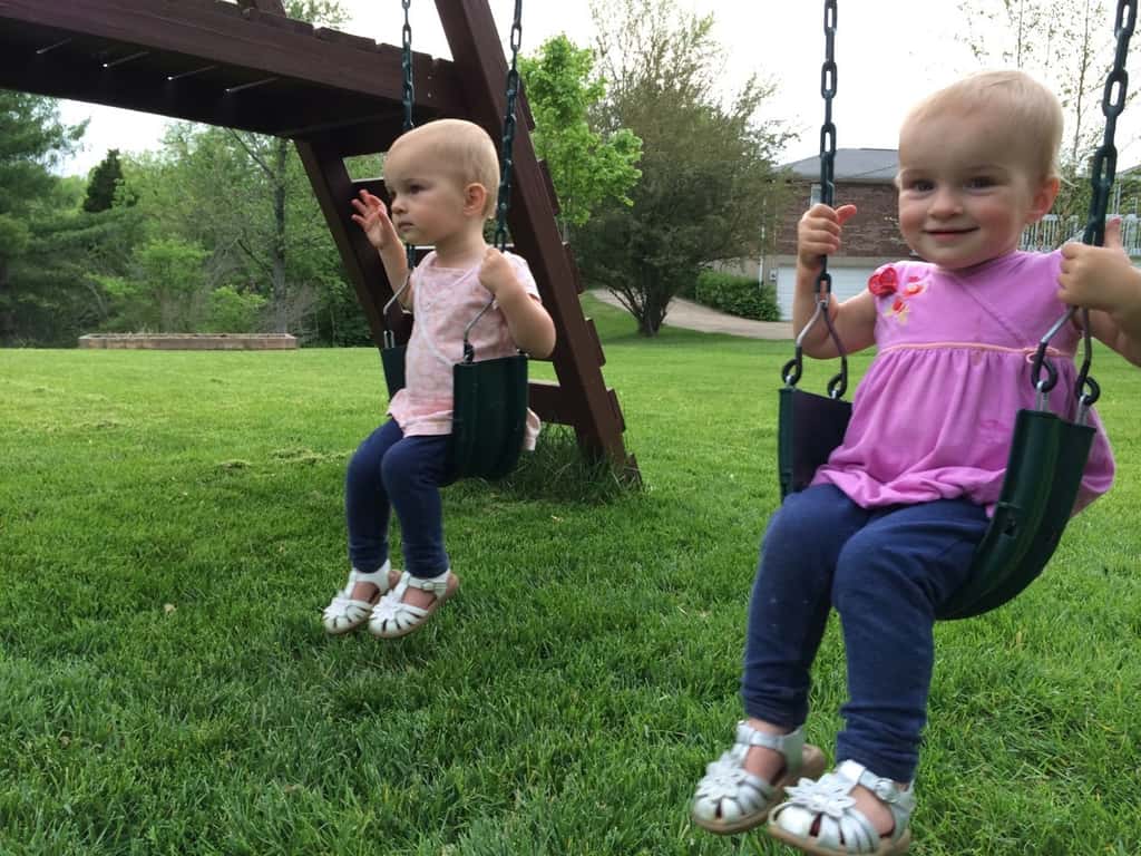 Ah, what a good day today turned out to be! I mostly wrote the day off this morning since I knew Gwen and Josie would get their eighteen month shots today, but, apparently, they’re troopers! After their afternoon naps, we took a nice long walk to get ice cream. Then after dinner, my helpers assisted me with turning over the garden bed while Papa mowed the grass. They even had a good time on the swings.