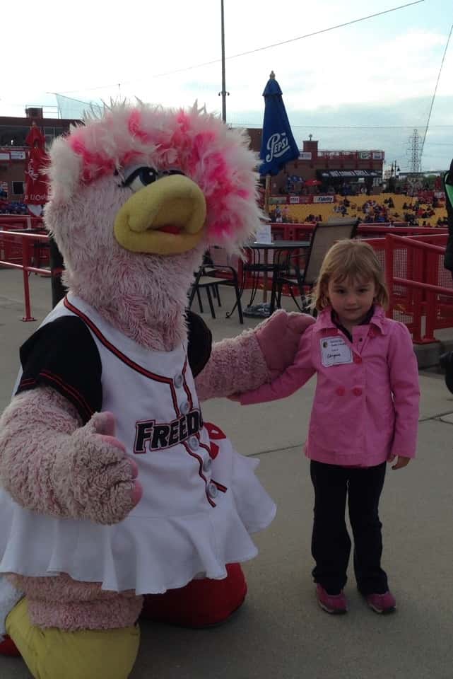 The KCPL held their annual volunteer appreciation event at the Florence Freedom minor league baseball park. We didn’t watch much of the game, but we still had a really good time. The girls especially enjoyed the kids play area, the cupcakes, and Belle, the mascot. It took some patience and encouragement to get them to interact with her, but after awhile they were fans.