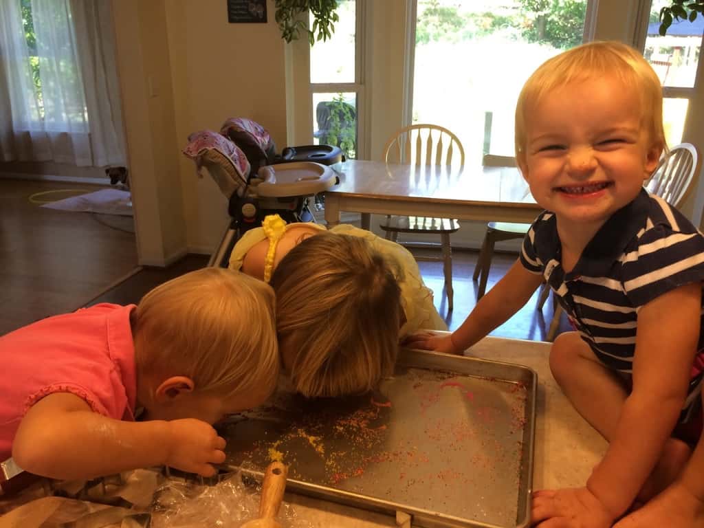 While the cookies baked, the girls relished licking the leftover sprinkles off of the baking pan. Abby later declared “these are the best sprinkle cookies ever!”