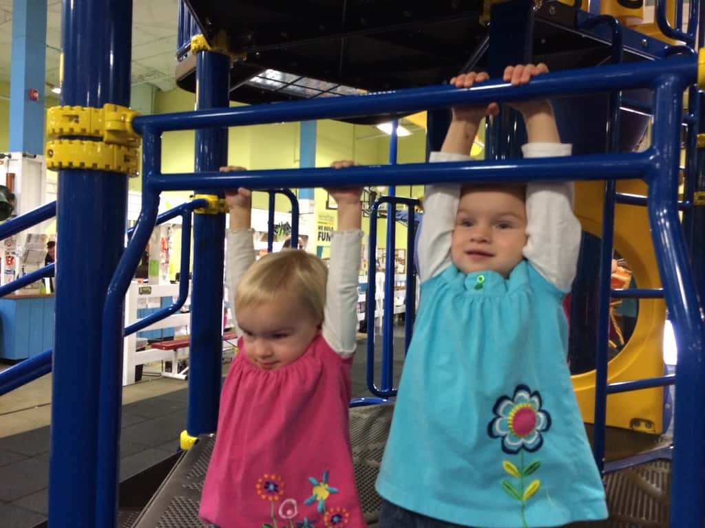 We went to our first Madeira Moms play group today. This one was at Recreations Outlet in Milford. Only one other mom came, but we all had a great time anyway. Abby has a hidden talent for basketball. She’s really quite good at shooting baskets. Josie is a monkey and will climb anything. She also, like Abby, loves jumping on trampolines. Gwen likes to climb ladders, but refuses to slide down the slide once she’s at the top. “Get me down,” she insists.