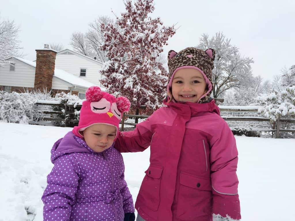 The girls played outside for an hour today. Yay for snowsuits, waterproof gloves, and snow boots. Too bad I don’t have snow boots or a snowsuit. Guess what I’m asking Santa (John) for this year.