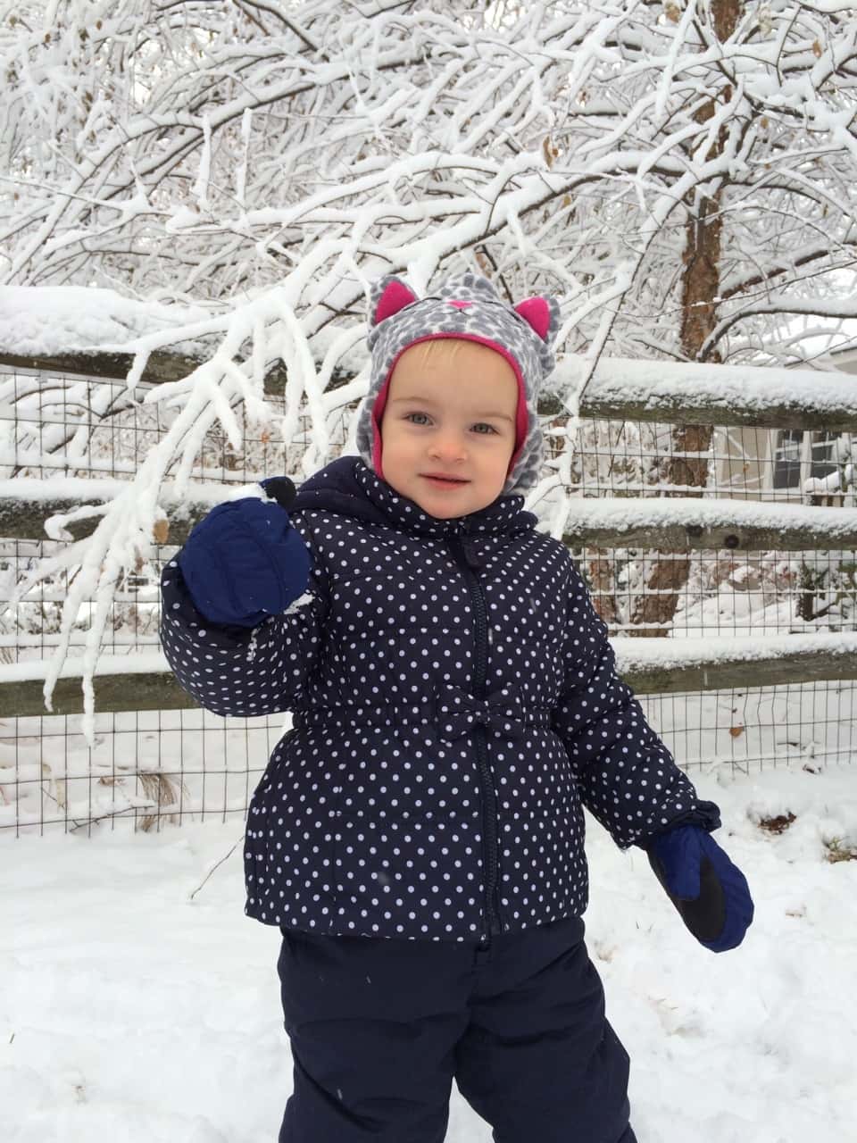The girls played outside for an hour today. Yay for snowsuits, waterproof gloves, and snow boots. Too bad I don’t have snow boots or a snowsuit. Guess what I’m asking Santa (John) for this year.