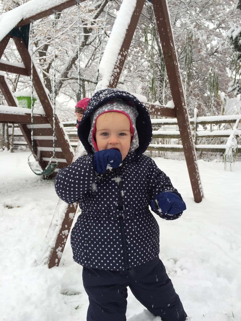 The girls played outside for an hour today. Yay for snowsuits, waterproof gloves, and snow boots. Too bad I don’t have snow boots or a snowsuit. Guess what I’m asking Santa (John) for this year.
