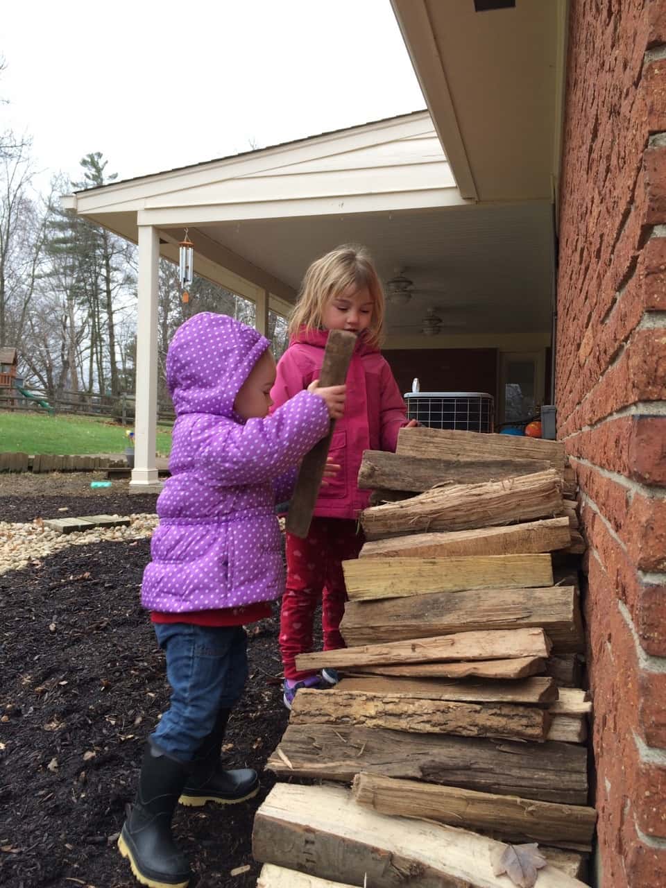 I’m shocked by how much 1⁄3 of a cord of firewood is, and impressed with my stacking helpers!
