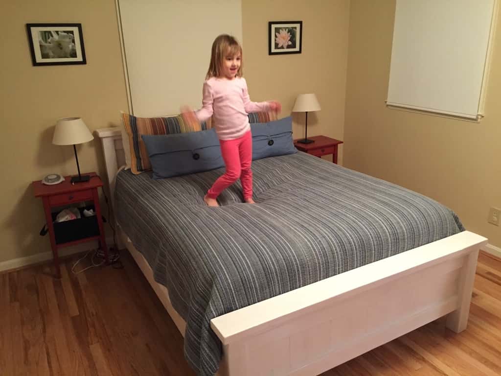 That took longer than I expected.

After two and a half months (and a herniated disc), we have a bed. We like it, and so do our bouncing girls.