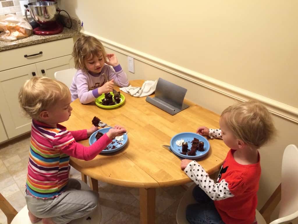 Should I admit that I let them eat chocolate cake three times today? Probably not, but the pieces were small and they’re so persuasive!