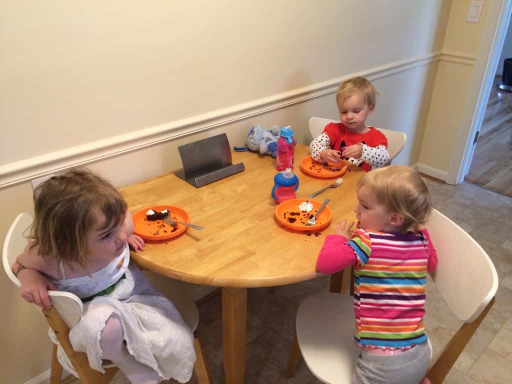 Should I admit that I let them eat chocolate cake three times today? Probably not, but the pieces were small and they’re so persuasive!