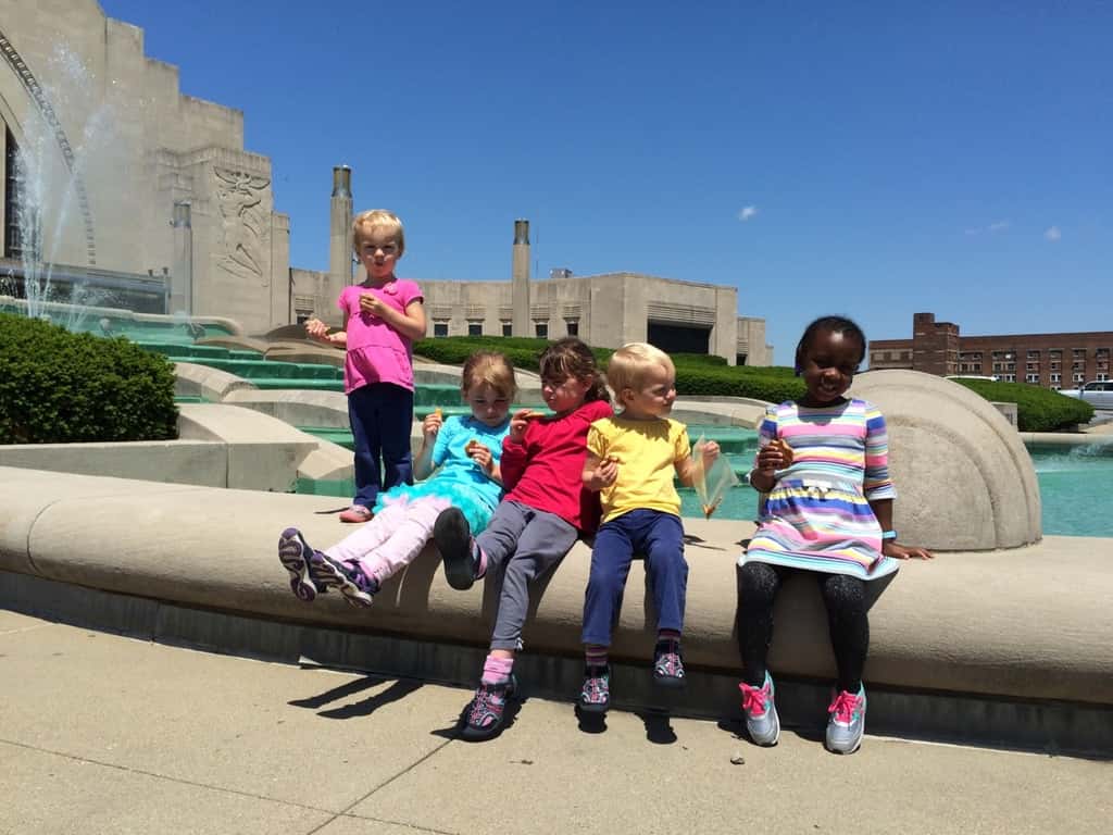 Oh what fun! The girls got a little wet, but loved being up close as they turned on the fountain at the Museum Center today.