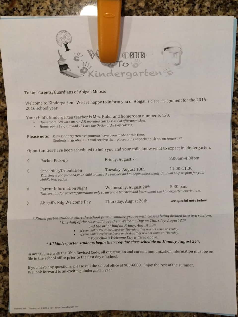 Another step towards kindergarten occurred today. We received the letter with Abby’s class placement information from Madeira City Schools. It seemed like a momentous occasion since we have so many friends and acquaintances now with kids who are entering kindergarten. There are five classes, and so lot’s of talk today about who got which teacher. I had assumed that they would all be good (it is Madeira!), but I guess some are still preferred over others. I’m pleased to know now that Abby will be in class with a very well-liked teacher. This is very important since everything she really needs to know she’ll learn in kindergarten, right?