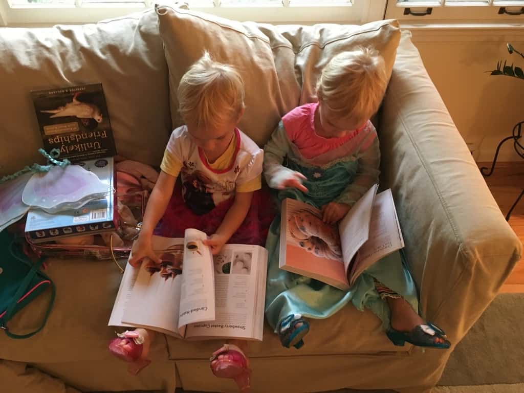Fun activities for a rainy morning: playing dress-up, reading the dictionary, reviewing recipes, helping to make pumpkin bread, and coloring.