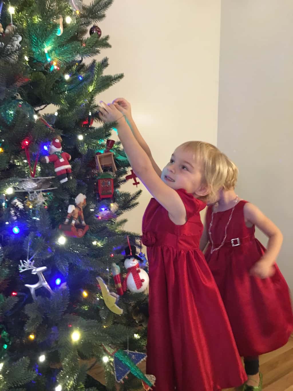 We happily spent Black Friday morning at home, dressed in our Christmas finery, decorating the tree.