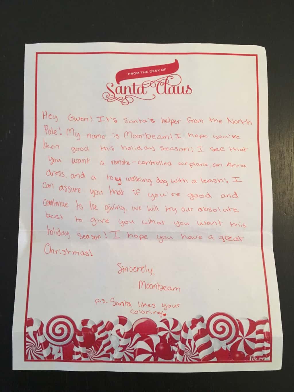 It’s awesome that they wrote back, but one of Santa’s elves seems to think our girls get everything they want for Christmas! Geez! I hope Gwen isn’t disappointed on Christmas morning.