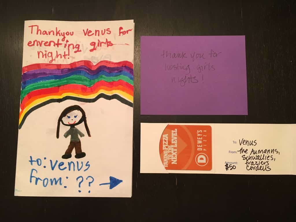 With school back in session, we had another Girls Night yesterday with a bunch of enthusiastic neighborhood girls. They had a snack, painted two suncatchers each and then played together. And, I received a really nice surprise from the girls and their parents. I think our weekly Girls Night is here to stay! It kind of feels official now.