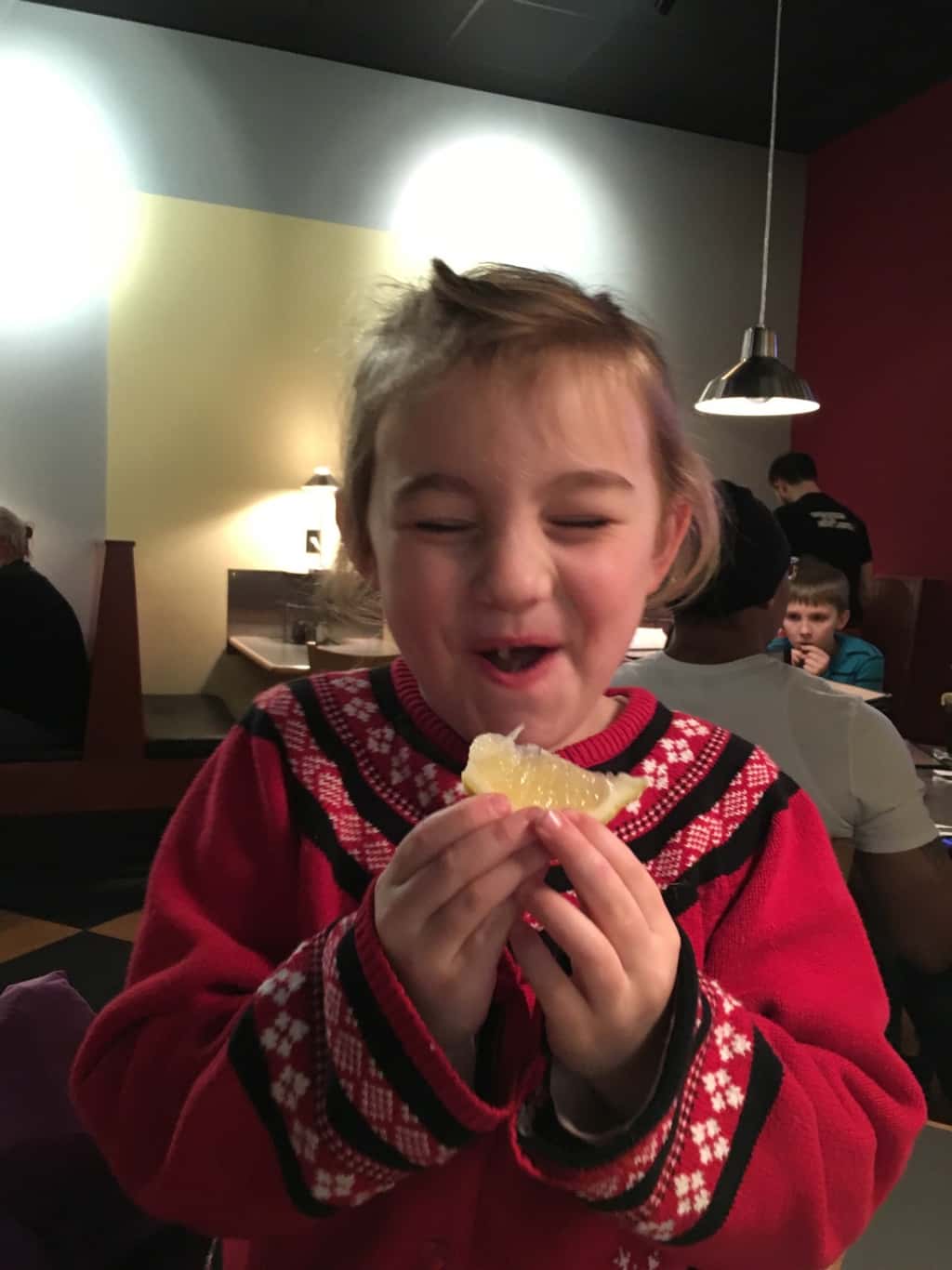 We had a great time eating dinner out at Dewey’s Pizza! The pizza was delicious. Gwen enjoyed watching football and everyone tried a lemon.