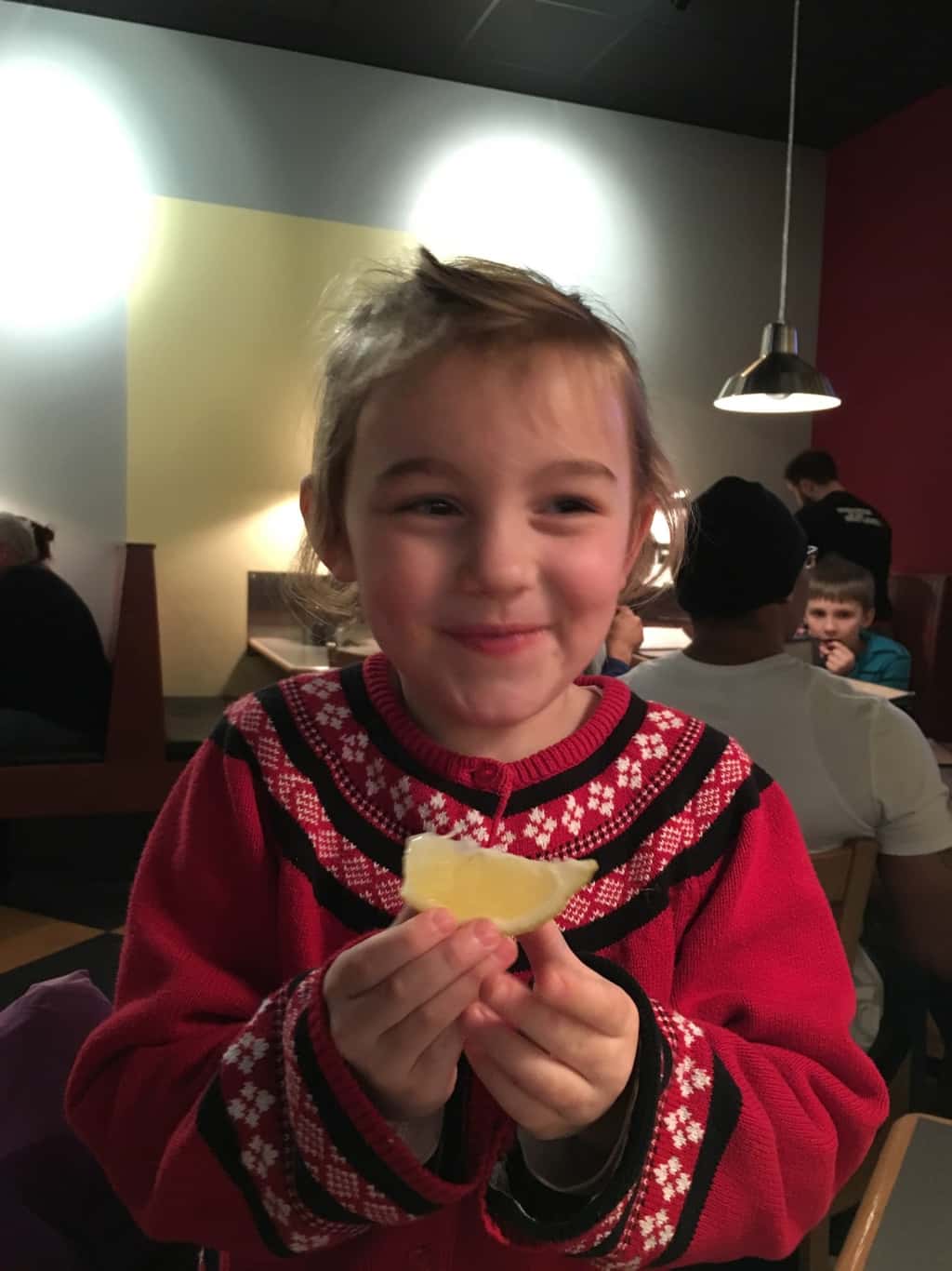 We had a great time eating dinner out at Dewey’s Pizza! The pizza was delicious. Gwen enjoyed watching football and everyone tried a lemon.