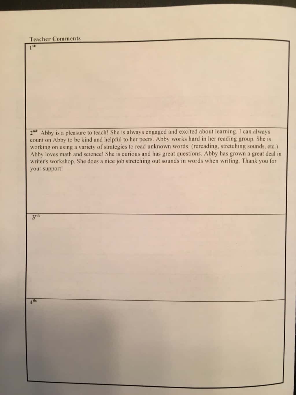 Abby’s first report card