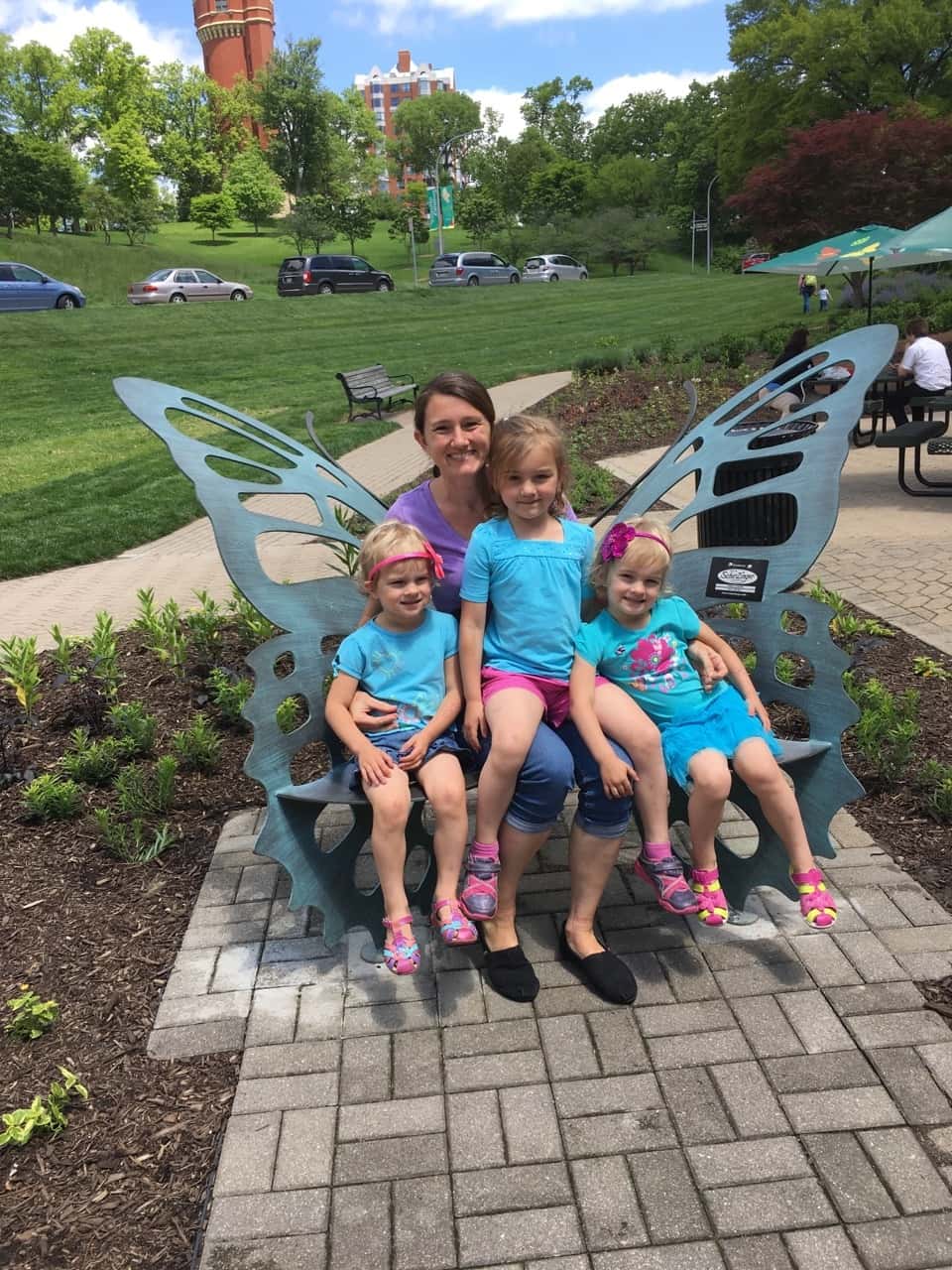 Adventure #2: our visit to the Butterfly Show at Krohn Conservatory. The matching blue shirts were a happy accident. The butterflies seemed to like this color, and they really liked Gwen and Josie’s flower headbands. The girls were often surprised when butterflies landed on them.