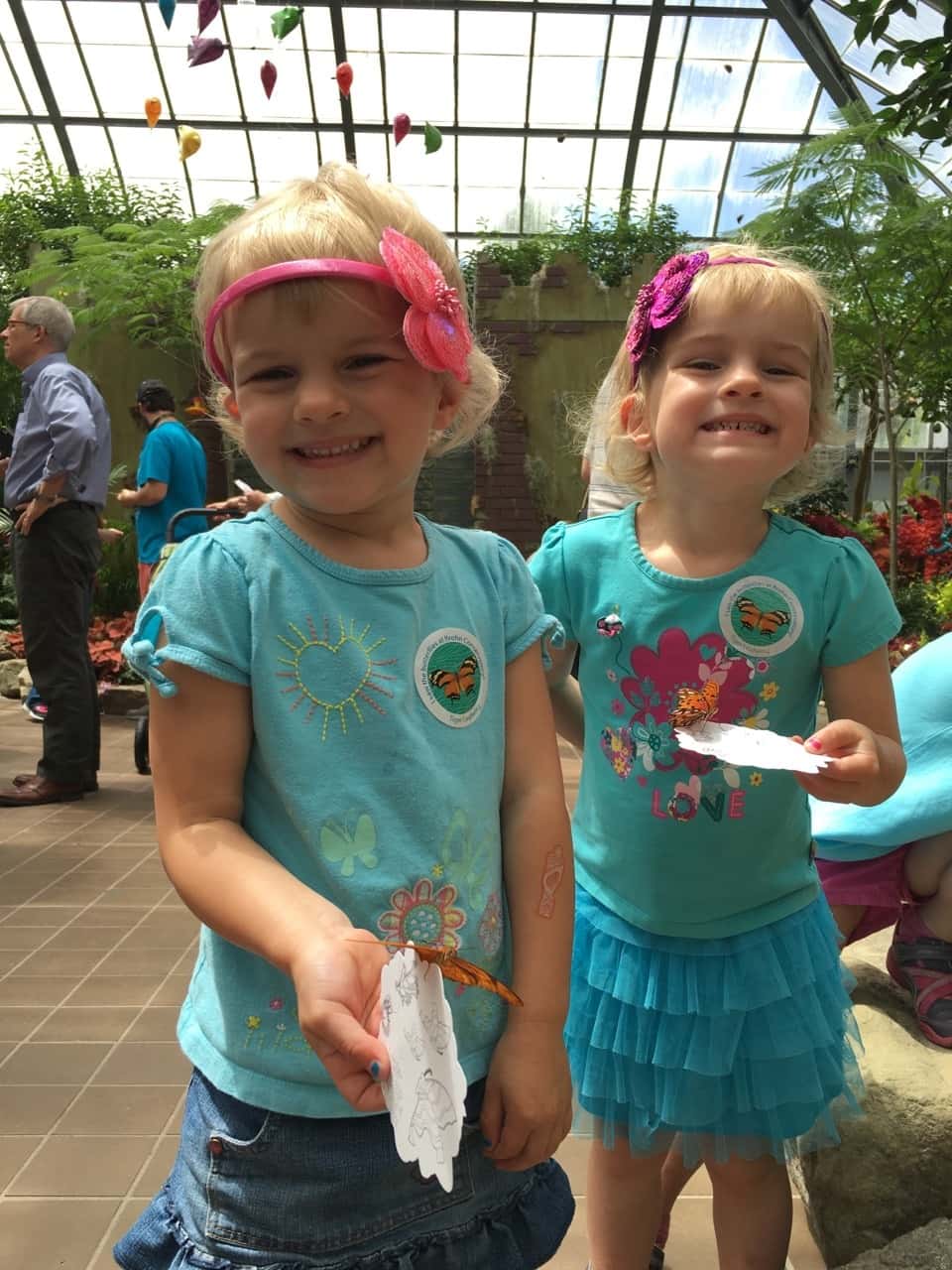 Adventure #2: our visit to the Butterfly Show at Krohn Conservatory. The matching blue shirts were a happy accident. The butterflies seemed to like this color, and they really liked Gwen and Josie’s flower headbands. The girls were often surprised when butterflies landed on them.