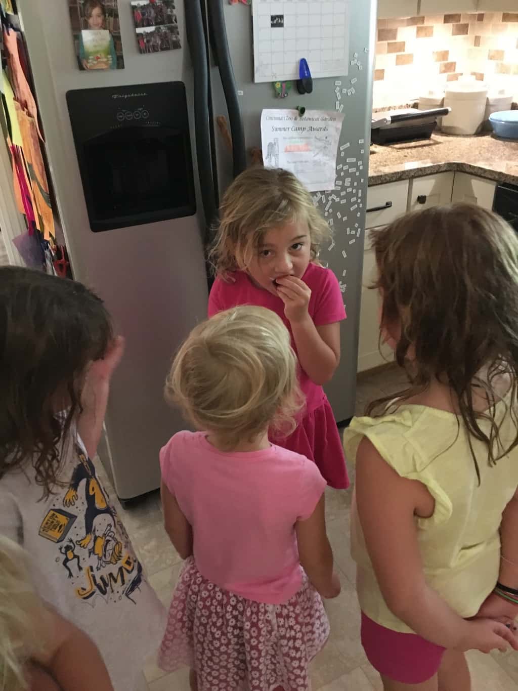 Abby lost another front tooth today! Nora again told her to “punch it out!” Her other audience members agreed, but this one took some twisting and turning. She was bloody and thrilled when it finally popped out. And, then she misplaced it at the library! Luckily, the tooth fairy accepts letters and chocolate coins.