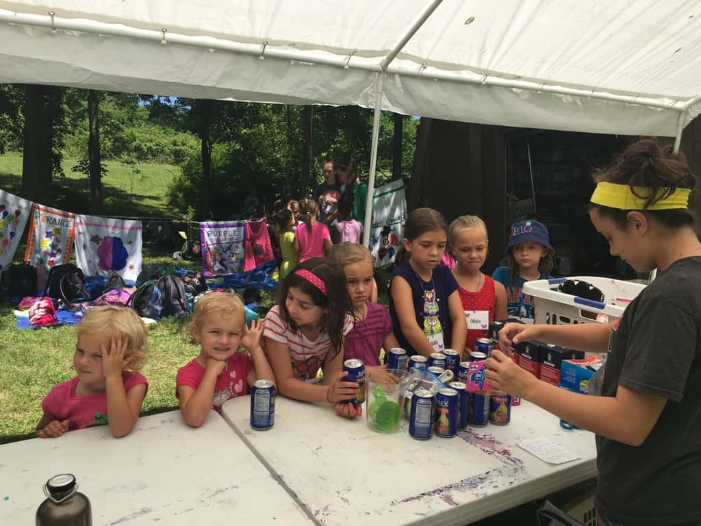 Day four of Girl Scout camp was filled with outdoor art, and science experiments – sun transfers, painting, nature photography, gloop, coke rockets, dancing raisins, static electricity, homemade sorbet. The girls also played a much needed, long game of “drip, drip, drench.”