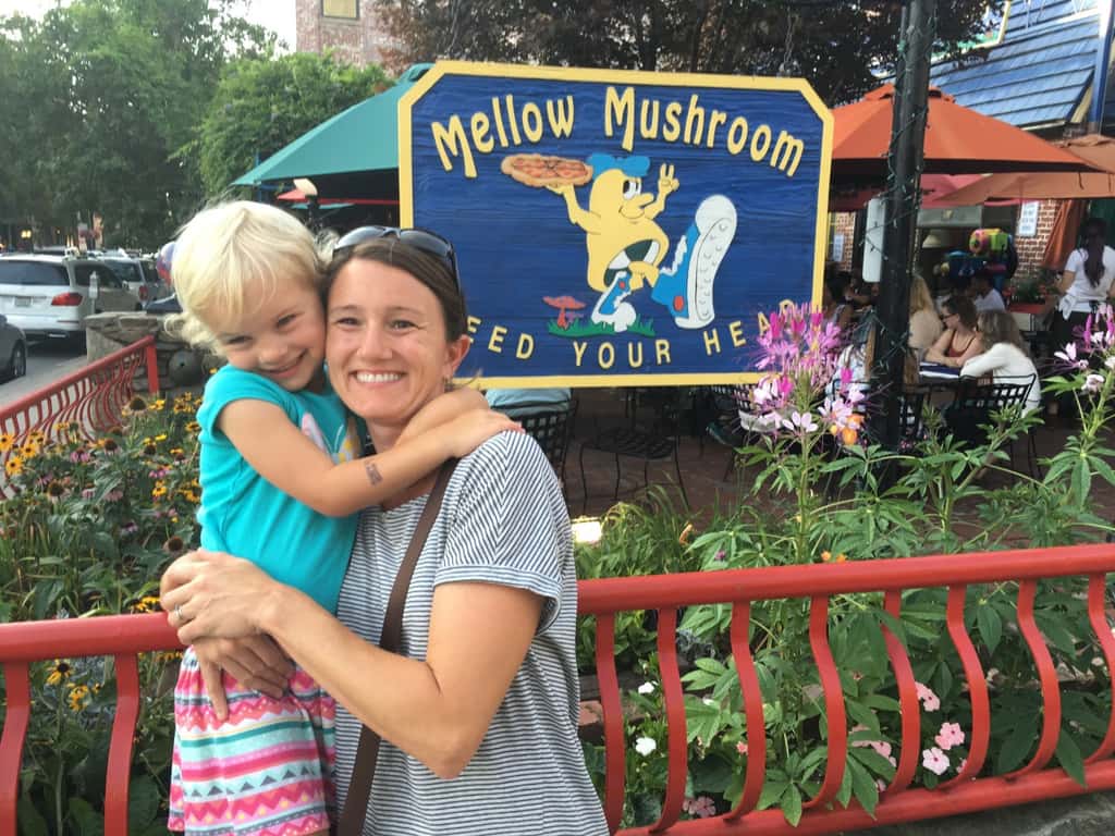 Vacation day 1: Mellow Mushroom was still delicious, and more entertaining with kids. Downtown Asheville was surprisingly happening on a Monday night.