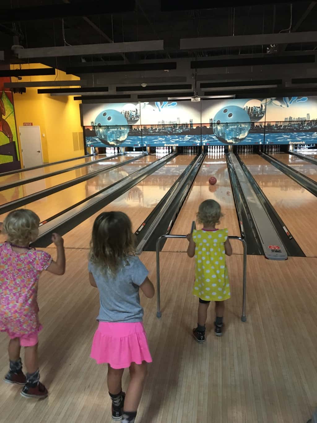 Vacation day 2: some driving, swimming, bowling, eating, ands lots of hugging. The girls were thrilled to see their Auntie Em.