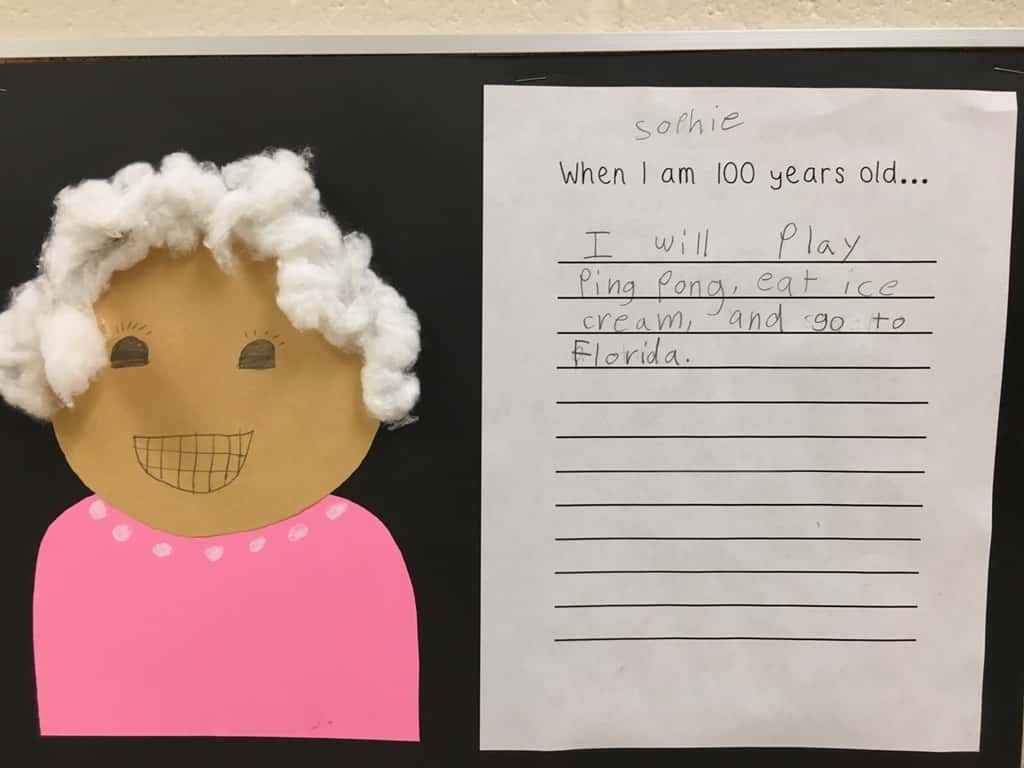 Abby’s class celebrated their one hundredth day of school on Tuesday. I got a nice chuckle out of the art hanging in the hallway today.