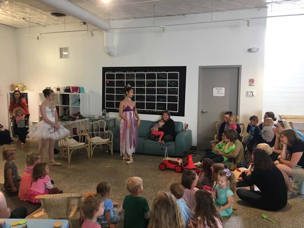 It was great seeing our preschool playdate friends today at Red Balloon! The girls loved our extra long playdate, lunch with friends, and especially the surprise visit from some Cinderella dancers.