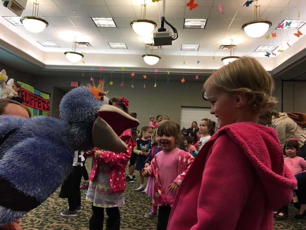 Gwen sat on my lap, but Josie boldly participated in the Peanut Butter and Jam concert today.