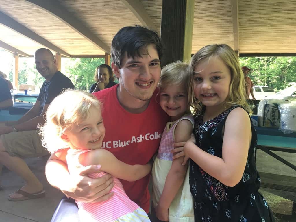 These girls enjoyed two hikes in one day! The second was a shorter one at Joey’s high school graduation picnic party at Sharon Woods. They really liked the Lone Meadow Woods shelter with easy creek access and a sand volleyball court.