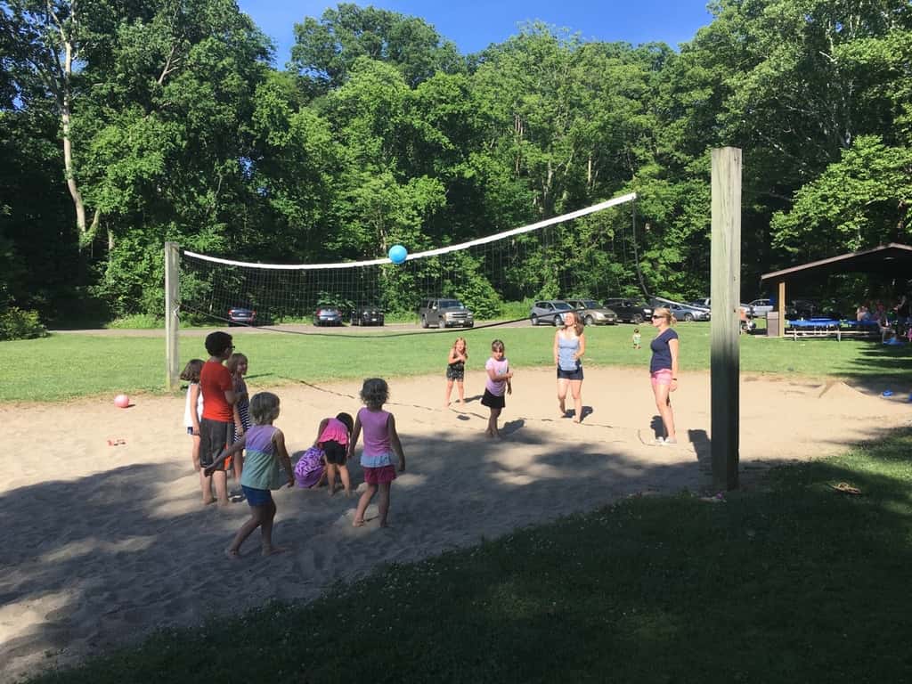 These girls enjoyed two hikes in one day! The second was a shorter one at Joey’s high school graduation picnic party at Sharon Woods. They really liked the Lone Meadow Woods shelter with easy creek access and a sand volleyball court.