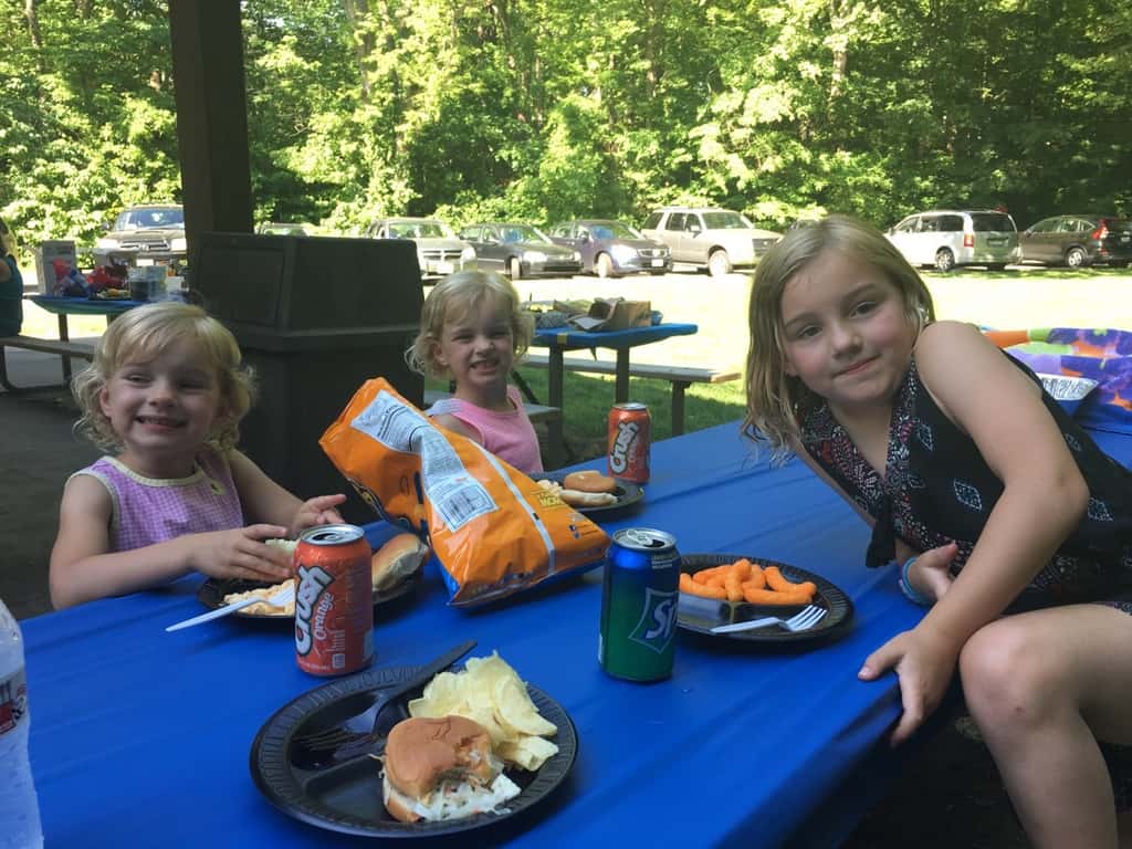 These girls enjoyed two hikes in one day! The second was a shorter one at Joey’s high school graduation picnic party at Sharon Woods. They really liked the Lone Meadow Woods shelter with easy creek access and a sand volleyball court.