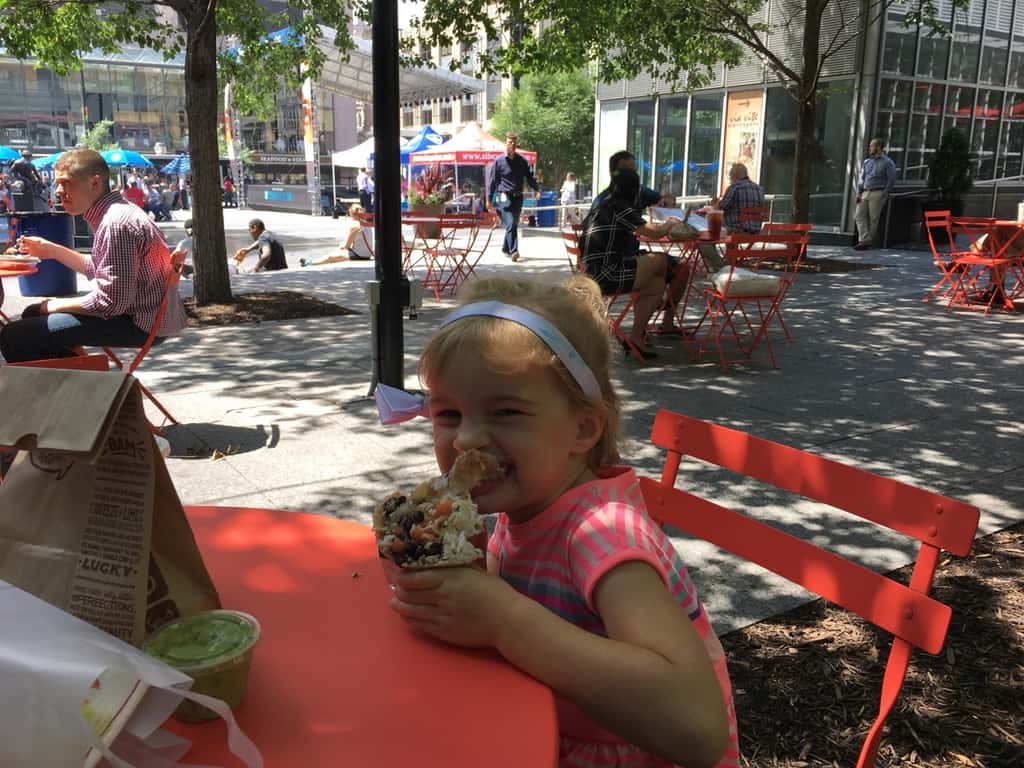 Girl date #2: Josie loved our urban adventure today. She was especially fond of the art activities and yoga at the Contemporary Arts Center. I wonder if she’ll fondly remember how I gave her tired legs a break by giving her a piggyback ride from Smale to Graeters.