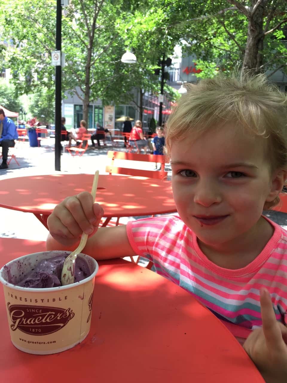 Girl date #2: Josie loved our urban adventure today. She was especially fond of the art activities and yoga at the Contemporary Arts Center. I wonder if she’ll fondly remember how I gave her tired legs a break by giving her a piggyback ride from Smale to Graeters.