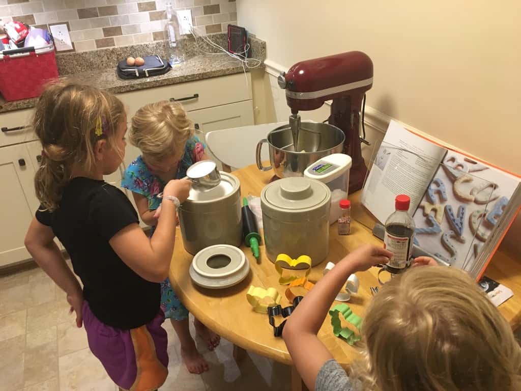 What do you do with three busy girls on a rainy day? You go bowling with friends, and reluctantly agree to a baking project that “you’re not allowed to help with.” Later you help clean up the mess.