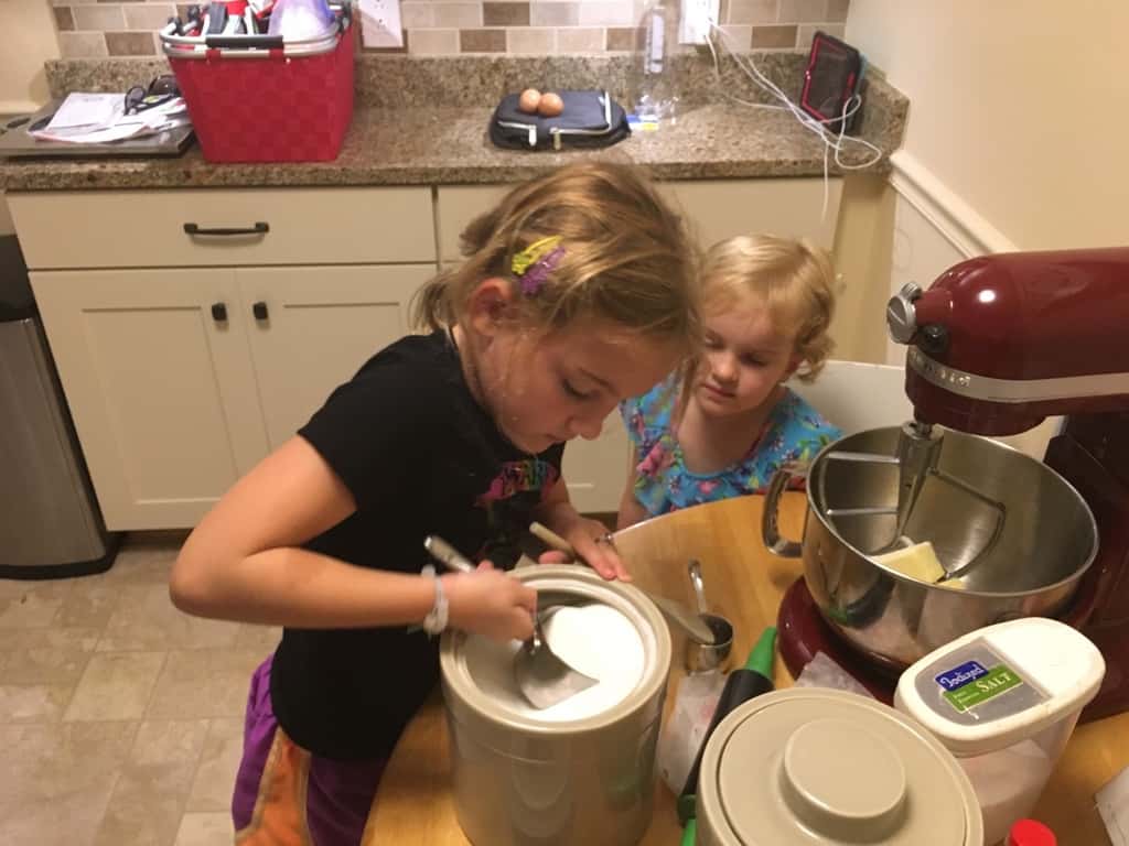 What do you do with three busy girls on a rainy day? You go bowling with friends, and reluctantly agree to a baking project that “you’re not allowed to help with.” Later you help clean up the mess.