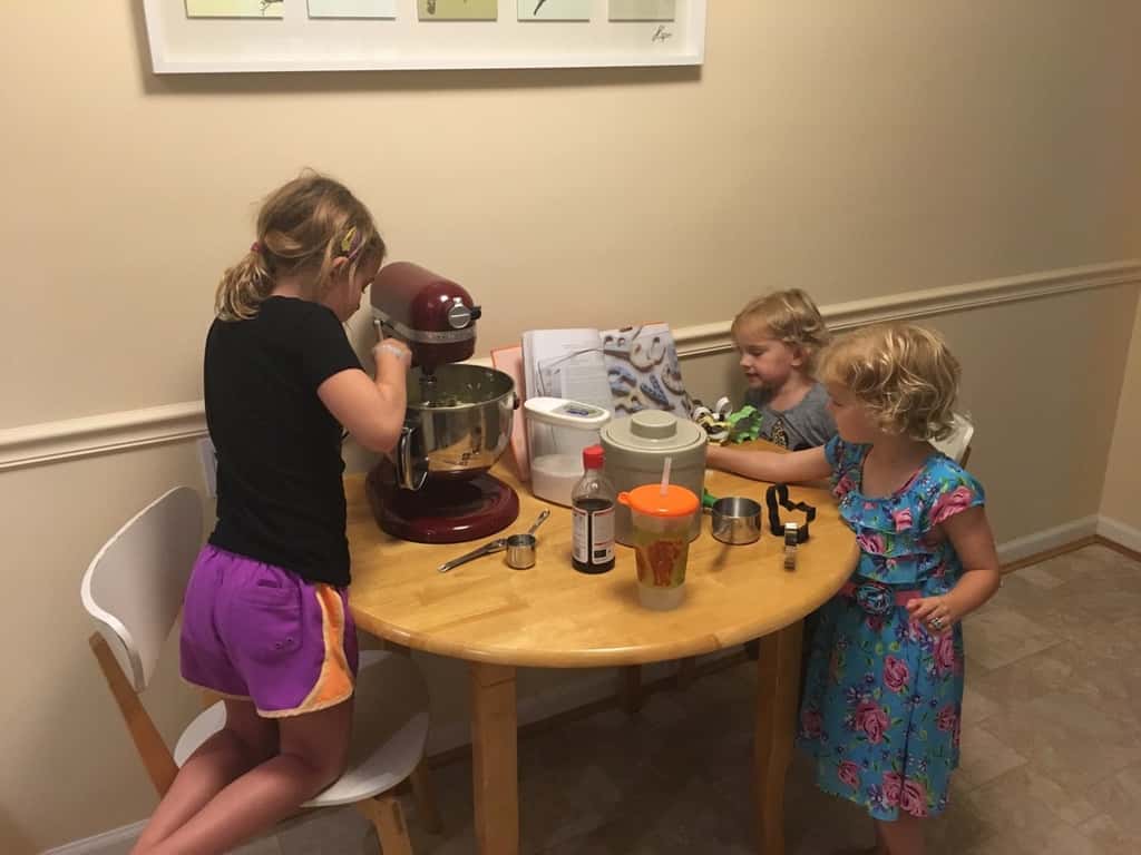 What do you do with three busy girls on a rainy day? You go bowling with friends, and reluctantly agree to a baking project that “you’re not allowed to help with.” Later you help clean up the mess.