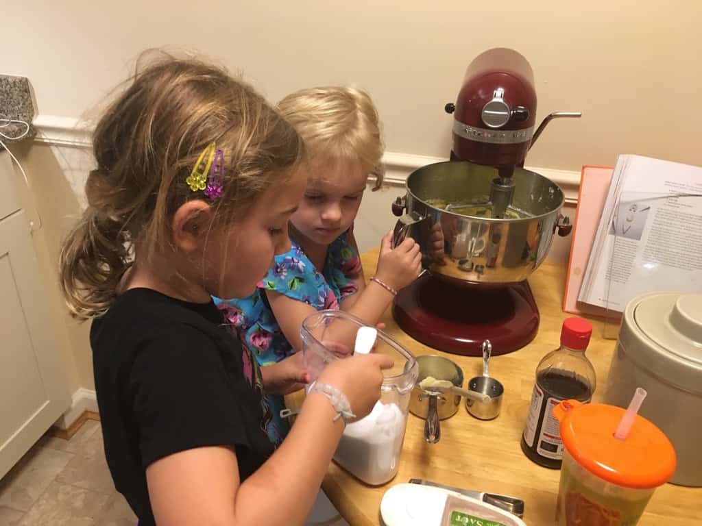 What do you do with three busy girls on a rainy day? You go bowling with friends, and reluctantly agree to a baking project that “you’re not allowed to help with.” Later you help clean up the mess.