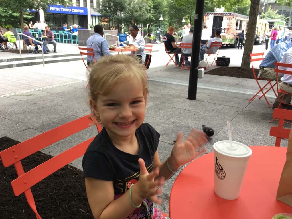 Girl date #5: Since it was storming this morning, Gwen and I decided we would just stay home and do some experiments from her new kids science book. After prepping one, she was ready to go to the Contemporary Arts Center and “do what Josie did last week.” Much to our surprise, it had not even rained downtown! We ended up having a great time, and discovered free face-painting and games at Smale. Gwen was delighted!