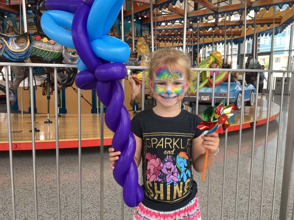 Girl date #5: Since it was storming this morning, Gwen and I decided we would just stay home and do some experiments from her new kids science book. After prepping one, she was ready to go to the Contemporary Arts Center and “do what Josie did last week.” Much to our surprise, it had not even rained downtown! We ended up having a great time, and discovered free face-painting and games at Smale. Gwen was delighted!