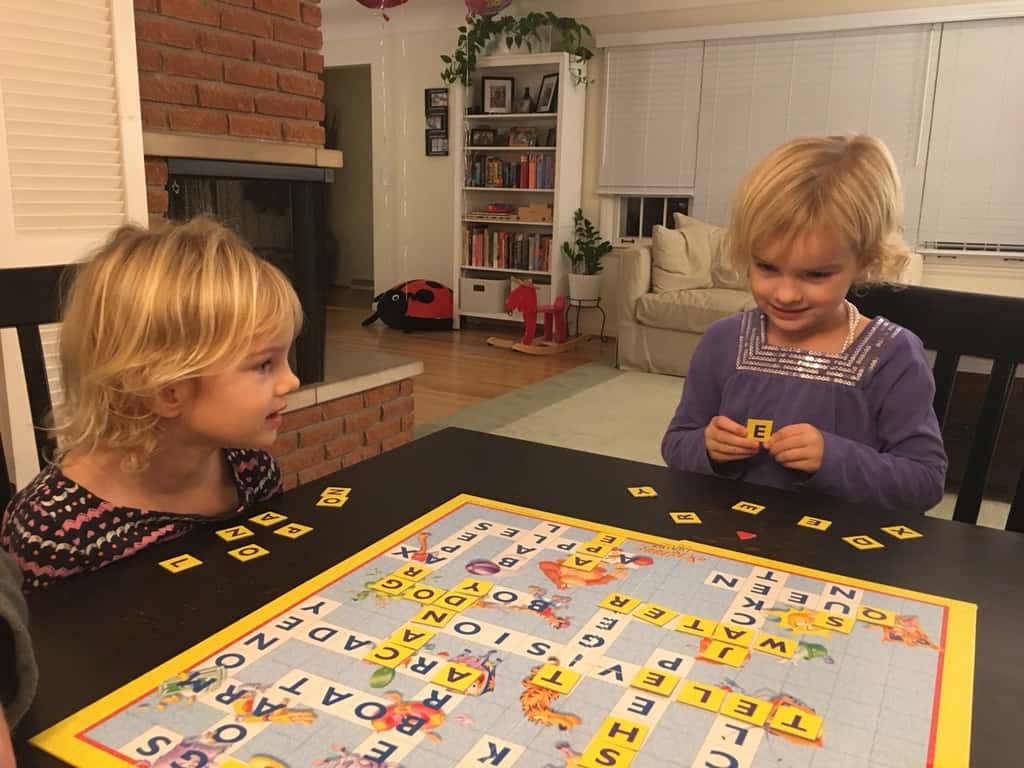 Gwen and Josie are big girls! First family Scrabble (Junior) game!